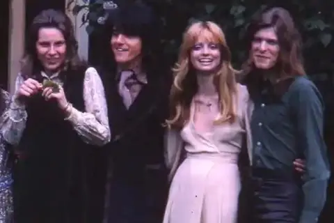 George Underwood (l-r) Birgit Underwood, George Underwood, Angie Bowie and David Bowie astatine  George and Birgit's wedding successful  1971