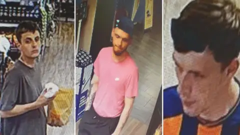 West Yorkshire Police Three men pictured on CCTV: On the left, a pale man with short dark hair is wearing a grey t-shirt and holding white clothing in his hand in a shop. In the middle, a white male with a beard and wearing a blue cap walks through a shop wearing a pink t-shirt. On the right is a head shot of a white male wearing a blue and orange striped top.