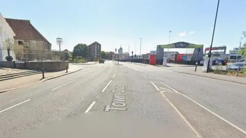 Road is closed by the Red Funnel vehicle ferry terminal in Southampton.