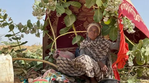 EPA A Sudanese woman, who fled from the internally displaced persons (IDP) Zamzam camp, looks on while on her way to the Tawila Camps amid the ongoing conflict between Sudan's army and the Rapid Support Forces (RSF), in North Darfur, Sudan, 14 April 2025