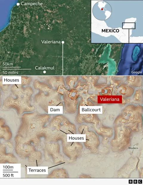 Uma ilustração mostrando um mapa de Valeriana e sua localização no México.