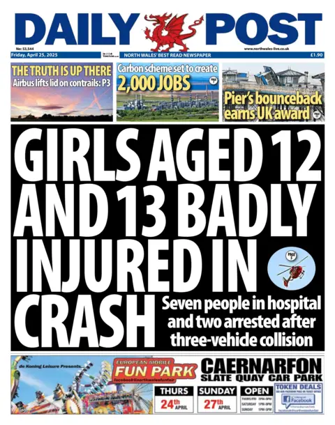 Daily Post Front page of the Daily Post. The main headline reads 'Girls aged 12 and 13 badly injured in crash' with a picture of a HM Coastguard red helicopter. Other headlines read: 'The truth is up there airbus lifts lid on contrails', 'Carbon scheme set to create 2000 jobs', 'Pier's bounceback earns UK award'. 