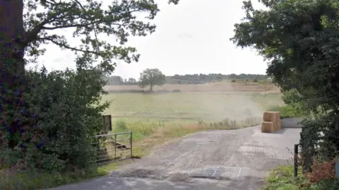 An entrance to a grassy field with fences and trees on either side and a gravel track leading into it