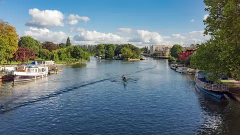 Getty Images Rowers navigate the River Thames in Reading. The large Christchurch Meadows park is to the left and Reading town centre is to the right. People can be seen in the distance enjoying the park on a sunny autumnal day.