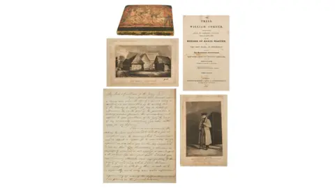 Reeman Dansie Four historial-looking documents, including illustrations of Red Barn and a male-looking figure with a long coat on, laid-out against a white background. There is a also a patterned book cover / folder in which it appears the documents are stored.