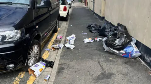 Black bags and rubbish scattered across a pavement and a road which has cars parked along the kerb. One car is parked on double yellow lines. 