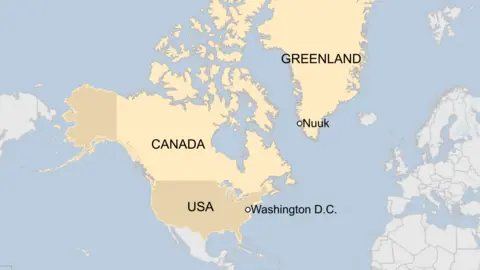 A map showing Greenland, the US and Canada