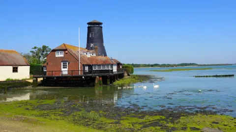 Alison Treacher A former lighthouse building commands this image. it sits on the water's edge. The lighthouse is black, the building is red and black with a white flag pole. Seaweed can be seen in foreground while a family of swans and their cygnets swim in the shallow waters.