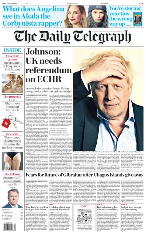 The Telegraph leads on an exclusive interview with Boris Johnson, who is quoted as saying there is a 