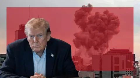 Getty Images Donald Trump with an image of the Iran war in the backdrop.