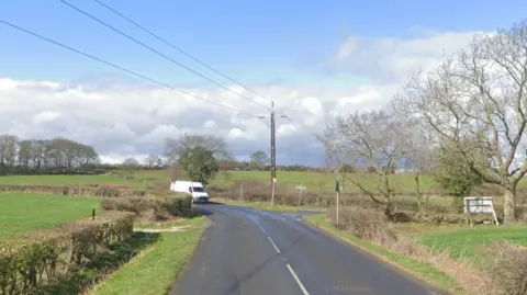 Google Jalan pedesaan dikelilingi oleh ladang, dengan kabel listrik di atasnya. Jalan tersebut memiliki pagar tanaman di satu sisi dan pepohonan di sisi lainnya. Sebuah van putih berada di kejauhan. 