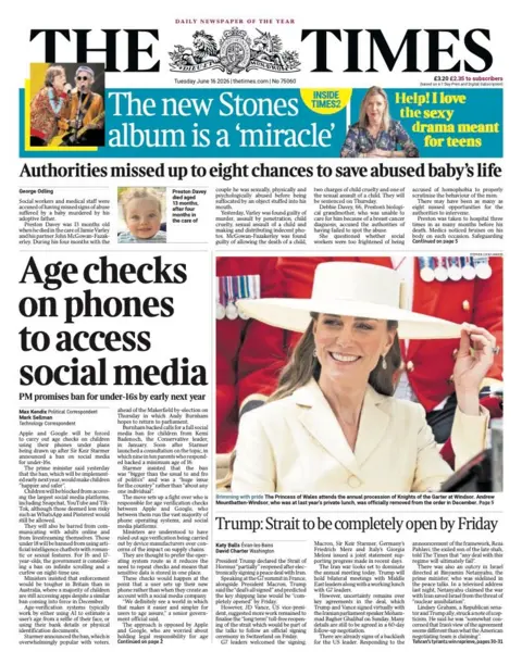 The headline on the front page of the Times reads: “Age checks on phones to access social media”.