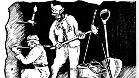 SHANE LUCAS A black and white sketch of two miners, one is using a tool to break off part of the wall ans he kneels, and the other, who is standing watches him and holds a pick axe.