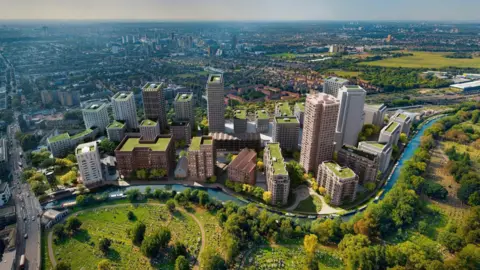 An aerial CGI view of a proposed housing development beside the Grand Union Canal in west London, showing multiple high-rise blocks with green rooftops next to Kensal Green Cemetery and the surrounding cityscape.