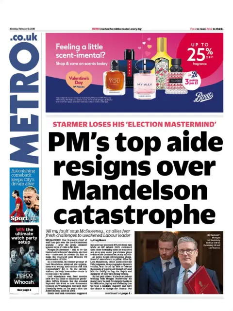 "PM's top aide resigns over Mandelson catastrophe" reads the headline on the front page of Metro.