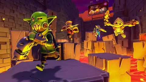 Amazon Games A screenshot from a video game shows colourful characters with swords jumping between rocks above lava