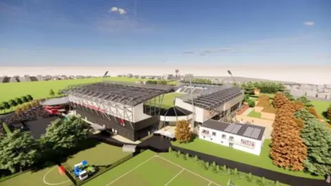 AFC Bournemouth A computer generated image showing the aerial view of the finished stadium in the setting of Kings Park.