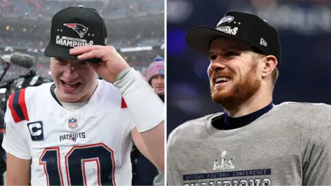 Split picture of quarterbacks Drake Maye and Sam Darnold , both wearing baseball caps