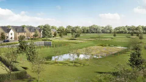PERSIMMON HOMES Artist impression of new homes with pond in the middle