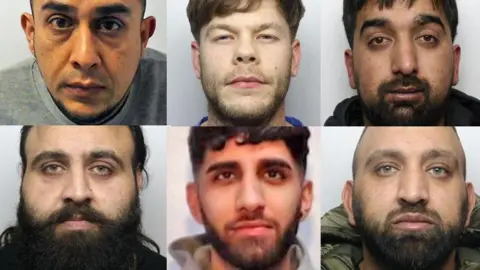 GMP The mugshots of six of the men who were jailed. On top row, Asif Matadar (left), Adam Elwood (centre) and Shewaz Rehman (right). On the bottom row Zeeshan Ali (left), Mohammed Ifran (centre) and Imran Taj (right)