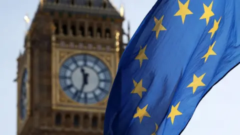 An EU flag blowing in the wind with the clock face of Big Ben visible in the background. The weather is sunny and the sky is light blue. 