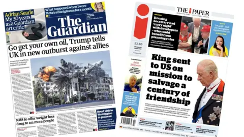 A composite image of the front pages of the Guardian and the i Paper on 1 April2026
