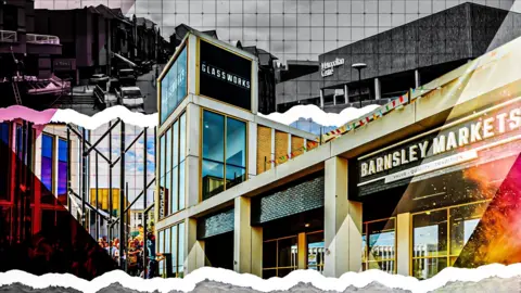 A stylised image showing various buildings both in colour and black and white. The central section shows two glass fronted buildings called the Glass Works and Barnsley Markets.