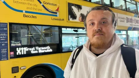 Andrew Turner/BBC Harry Bonsell is wearing a white hoodie and straps of a black rucksack. He has medium-length receding dark hair and has a ginger beard and moustache. He is standing next to a yellow and blue X11 bus, with "Great Yarmouth, then Norwich" on the destination board. Route destinations depicted on the bus state Beccles, Gorleston and Lowestoft, with the text "direct between the city and sea" visible on the side of the bus.