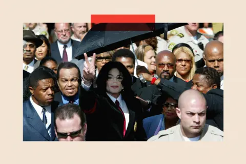 Getty Images Michael Jackson leaves the courthouse with his father, Joe Jackson (2nd-L) and his mother Katherine Jackson, (R) 