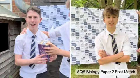 Composite image of a pupil receiving a mock man of the match trophy and another pupil giving an 'interview'