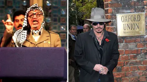 PA Media/Getty Images A composite picture. Yasser Arafat, who raises his hand to make a point at the dispatch box, wears his familiar black and white headscarf and brown uniform. In the right-hand picture, Johnny Depp stands by a plaque marking the street entrance to the Union buildings. He wears a large hat, sunglasses, necklaces and a dark suit with a Royal British Legion poppy.