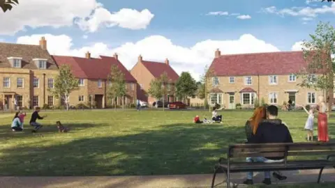 Blenheim Estate Homes A CGI mock-up of the new development, with large homes in front of a large green space.