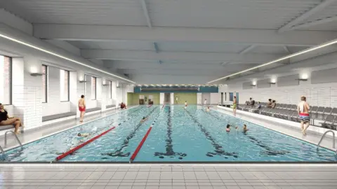 An artist's impression of what the proposed new swimming pool and gym in Thornaby could look like. There are five lanes and plenty of places to sit surrounding the pool.