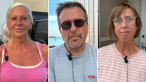 BBC / Chrissie Reidy Three portrait photographs are shown side by side. On the left, Shelley Ayres is standing outdoors wearing a pink sleeveless top. In the centre, Steve Chapman is pictured outside near the seafront wearing sunglasses and a grey T-shirt. On the right, Shirley Pumfrey is standing in a doorway wearing glasses and a pink striped top.