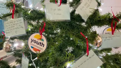 Guernsey Youth Commission A christmas tree decorated with handwritten notes