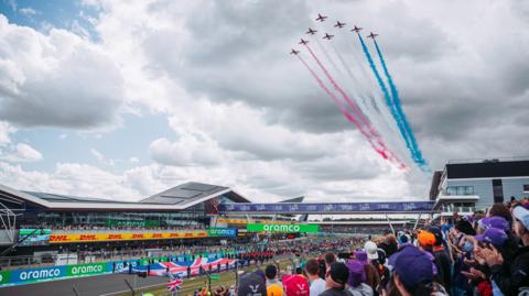 Red Arrows flying over Silverstone Circuit before the British Grand Prix