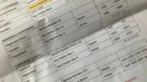 Martin Heath/BBC A route plan in black ink on white paper. It shows departure points, destinations, bus companies, bus numbers, bay numbers, and departure and arrival times.