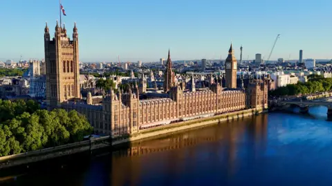 A drone view of the Palace of Westminster which houses Britain's parliament,