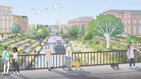 An artist's impression shows a pastel coloured cartoon. There is a canal with a boat, people stood overlooking it on a bridge, green riverbanks and trees and housing