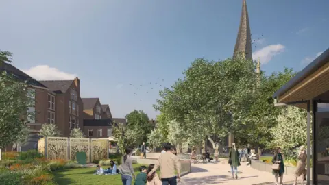 An image of families walking through a square with trees.  There is a crooked church spire in the background