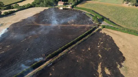 An aerial picture of fields on the Tetworth Hall Estate in Cambridgeshire. Part of the field is charred and damaged.