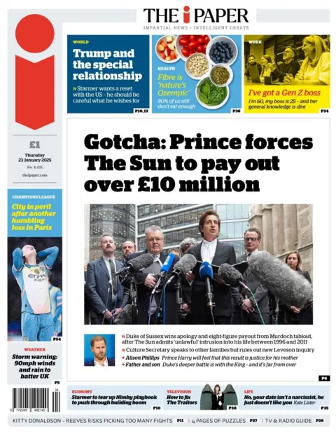 The headline in the i Paper reads: Gotcha; Prince forces The Sun to pay out over £10 million