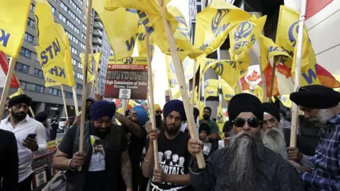 Getty Images Protesters protest outside the Indian embassy in Toronto, Ontario, Canada, Monday, September 25, 2023.