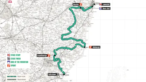 Tour of Britain This is the route the Tour of Britain Men will take through Suffolk. It is a map of the county with the route shown as a green line snaking across the map from Lowestoft to Felixstowe.