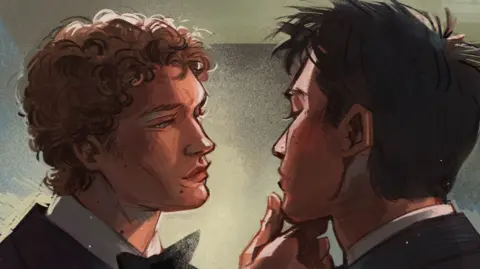 Po/@polarts_ Fan art of Shane and Ilya wearing black tuxedos in a scene from Heated Rivalry.