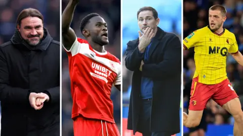 From left to right: Leeds manager Daniel Farke, Middlesbrough striker Emmanuel Latte Lath, Coventry City head coach Frank Lampard and Watford midfielder Giorgi Chakvetadze