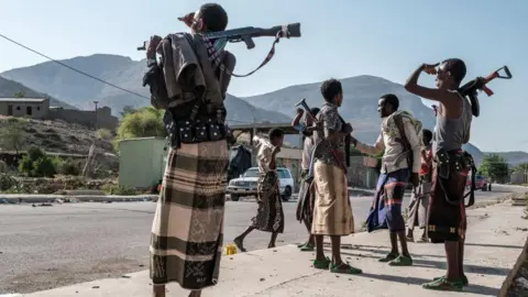 Armed members of an Ethiopian militia stand at a checkpoint 