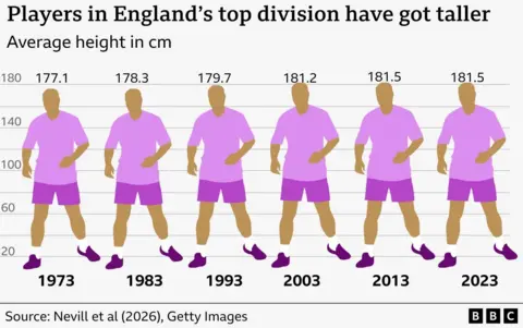 Graphic showing however the mean heights of players successful England's apical part person accrued from 177.1cm successful 1973 to 181.5cm successful 2023.