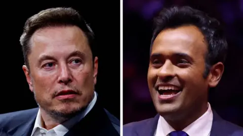 Reuters A split composite image of headshots of Elon Musk and Vivek Ramaswamy. They are both wearing suit jackets and white shirts and are shown against dark backgrounds. 