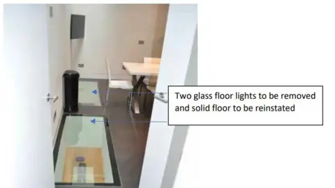 Westminster City Council A screenshot of the council's enforcement notice, showing a photograph of two glass ceiling lights and an annotation from the council to say they must be removed and a solid floor reinstated